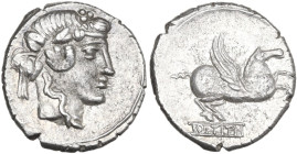 Q. Titius. AR Denarius, 90 BC. Obv. Head of Mutinus Titinus-Priapus right, wearing winged diadem. Rev. Pegasus prancing right; below, Q.TITI in linear...