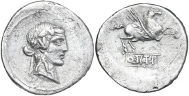 Q. Titius. AR Denarius, 90 BC. Obv. Head of Liber right, wearing ivy-wreath. Rev. Pegasus prancing right; below, Q·TITI in linear frame. Cr. 341/2; B....
