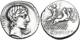 C. Vibius Pansa. AR Denarius, 90 BC. Obv. Laureate head of Apollo right; behind, PANSA; below chin, control-mark. Rev. Minerva in quadriga right; in e...