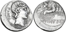 C. Vibius Pansa. AR Denarius, 90 BC. Obv. Laureate head of Apollo right; behind, PANSA; below chin, control-mark. Rev. Minerva in quadriga right; in e...