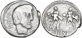 L. Titurius L.f. Sabinus. AR Denarius, Rome mint, 89 BC. Obv. Bearded head of King Tatius right; behind, SABIN; before, palm-branch. Rev. Rape of the ...