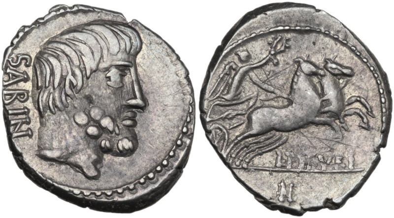 L. Titurius L.f. Sabinus. AR Denarius, 89 BC. Obv. Bearded head of King Tatius r...