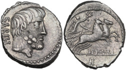 L. Titurius L.f. Sabinus. AR Denarius, 89 BC. Obv. Bearded head of King Tatius right; behind, SABIN. Rev. Victory in biga right; below, L·TITVRI; in e...