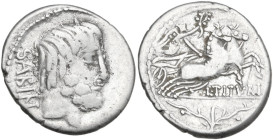 L. Titurius L.f. Sabinus. AR Denarius, 89 BC. Obv. Bearded head of King Tatius right; behind, SABIN. Rev. Victory in biga right; below, L·TITVRI; in e...