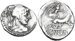 Cn. Cornelius Lentulus Clodianus. AR Denarius, 88 BC. Obv. Helmeted bust of Mars right, seen from behind. Rev. Victory in biga right; in exergue, CN·L...