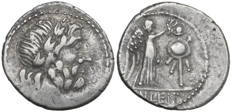 Cn. Cornelius Lentulus Clodianus. AR Quinarius, 88 BC. Obv. Head of Jupiter righ...
