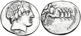 Gargilius, Ogulnius and Vergilius. AR Denarius, 86 BC. Obv. Laureate head of Apollo right. Rev. Jupiter driving quadriga right, holding reins and prep...