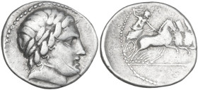 Gargilius, Ogulnius and Vergilius. AR Denarius, 86 BC. Obv. Laureate head of Apollo right. Rev. Jupiter driving quadriga right, holding reins and prep...