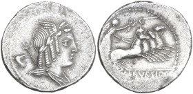 L. Julius Bursio. AR Denarius, 85 BC. Obv. Male head right, with the attributes of Apollo, Mercury and Neptune; behind, control-mark. Rev. Victory in ...