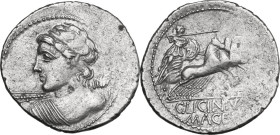 C. Licinius L. f. Macer. AR Denarius, 84 BC. Obv. Diademed and draped bust of Vejovis left turned from spectator, hurling thunderbolt. Rev. Minerva in...