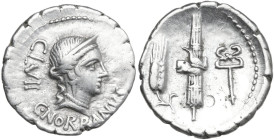 C. Norbanus. AR Denarius, 83 BC. Obv. Diademed head of Venus right; behind, CLVII; below, C·NORBANVS. Rev. Corn-ear, fasces with axe and caduceus. Cr....