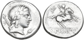 Pub. Crepusius. AR Denarius, 82 BC. Obv. Laureate head of Apollo right; behind, sceptre; before, corn-ear; behind, C. Rev. Horseman galloping right; b...
