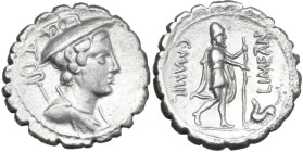 C. Mamilius Limetanus. AR Denarius serratus, 82 BC. Obv. Draped bust of Mercury right, wearing winged petasus, caduceus over left shoulder; behind, co...