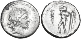 L. Marcius Censorinus. AR Denarius, 82 BC. Obv. Laureate head of Apollo right. Rev. The satyr Marsyas standing left, with right arm raised and holding...