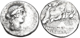 C. Annius and L. Fabius Hispaniensis. AR Denarius, mint moving between North Italy and Spain, 82-81 BC. Obv. C·ANNI·T·F·T·N·PRO·COS·EX·S·C. Draped and...