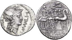 L. Manlius Torquatus. AR Denarius, mint moving with Sulla, 82 BC. Obv. Helmeted head of Roma right; before, L·MANLI·T (T set horizontally); behind, PR...