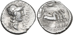 L. Manlius Torquatus. AR Denarius, mint moving with Sulla, 82 BC. Obv. Helmeted head of Roma right; before, L·MANLI·T (T set horizontally); behind, PR...