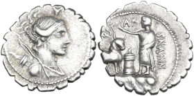A. Postumius Albinus. AR Denarius serratus, 81 BC. Obv. Draped bust of Diana right, bow and quiver on shoulder; above, bucranium. Rev. A·POST·A·F·S·N·...