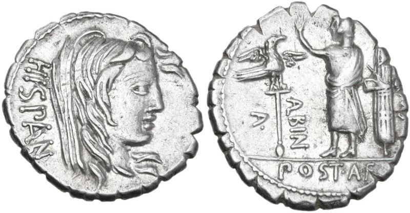 A. Postumius Albinus. AR Denarius serratus, 81 BC. Obv. HISPAN.Veiled head of Hi...