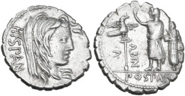 A. Postumius Albinus. AR Denarius serratus, 81 BC. Obv. HISPAN.Veiled head of Hispania right, with dishevelled hair. Rev. A·POST·A·F·S·N·ALBIN (AL lig...