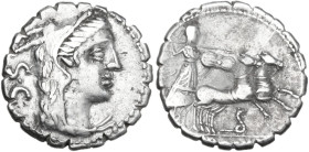 L. Procilius. AR Denarius serratus, 80 BC. Obv. Head of Juno Sospita right, wearing goat's skin; behind, S·C. Rev. Juno Sospita in prancing biga right...