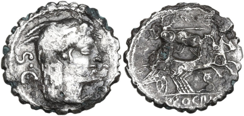 L. Procilius. Fourreè Denarius serratus, 80 BC. Obv. Head of Juno Sospita right,...
