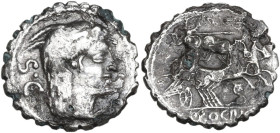 L. Procilius. Fourreè Denarius serratus, 80 BC. Obv. Head of Juno Sospita right, wearing goat's skin; behind, S·C. Rev. Juno Sospita in prancing biga ...