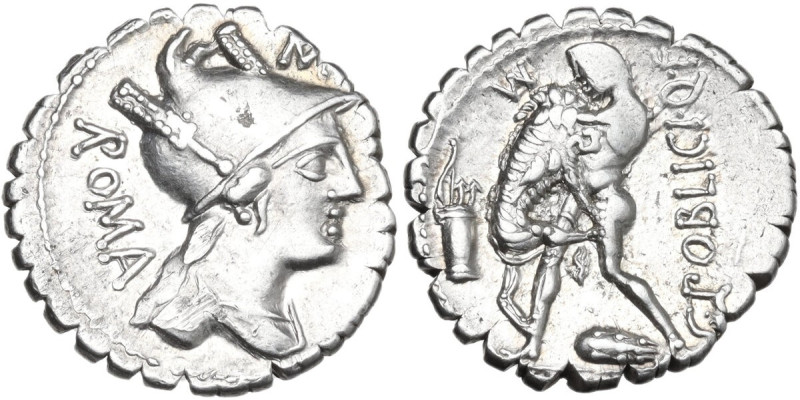 C. Poblicius Q. f. AR Denarius serratus, 80 BC. Obv. Draped bust of Roma right; ...