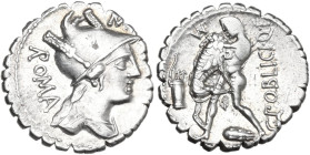 C. Poblicius Q. f. AR Denarius serratus, 80 BC. Obv. Draped bust of Roma right; two feathers on helmet; behind, ROMA; above, control-mark. Rev. Hercul...