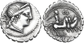 C. Naevius Balbus. AR Denarius serratus, 79 BC. Obv. Diademed head of Venus right; behind SC. Rev. Victory in triga right; above, control-numeral CI; ...