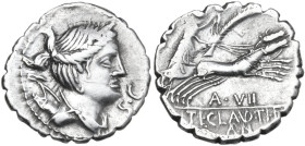 Ti. Claudius Ti. f. Ap. n. Nero. AR Denarius serratus, 79 BC. Obv. Draped bust of Diana right, bow and quiver on shoulder; before chin, SC. Rev. Victo...
