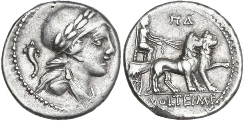 M. Volteius. AR Denarius, Rome mint, 78 BC. Obv. Draped male bust right, wearing...