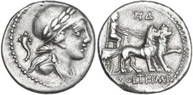 M. Volteius. AR Denarius, Rome mint, 78 BC. Obv. Draped male bust right, wearing laureate helmet; behind, cornucopiae. Rev. Cybele in biga of lions ri...