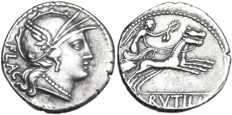L. Rutilius Flaccus. AR Denarius, 77 BC. Obv. Helmeted head of Roma right; behin...