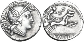 L. Rutilius Flaccus. AR Denarius, 77 BC. Obv. Helmeted head of Roma right; behind, FLAC. Rev. Victory in biga right; in exergue, L·RVTILI. Cr. 387/1; ...