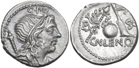 Cn. Lentulus. AR Denarius, uncertain mint, perhaps Spain, 76-75 BC. Obv. Draped male bust of Genius Populi Romani right, hair tied with band and scept...