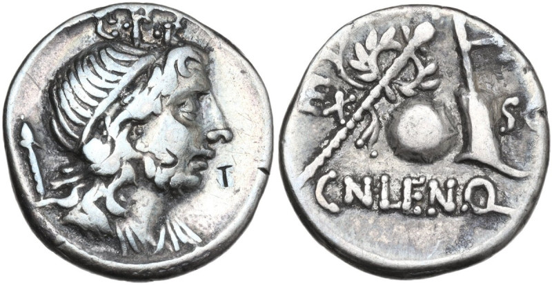 Cn. Lentulus. AR Denarius, uncertain mint, perhaps Spain, 76-75 BC. Obv. Draped ...