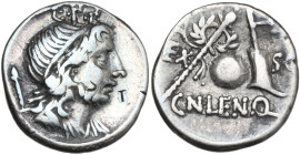 Cn. Lentulus. AR Denarius, uncertain mint, perhaps Spain, 76-75 BC. Obv. Draped male bust of Genius Populi Romani right, hair tied with band and scept...