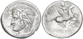 C. Cossutius C.f. Sabula. AR Denarius, 74 BC. Obv. Head of Medusa left; behind, SABVLA. Rev. Bellerophon on Pegasus right, brandishing spear with righ...