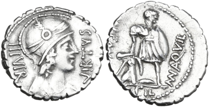 Mn. Aquillius Mn. f. Mn. n. AR Denarius serratus, 71 BC. Obv. VIRTVS-III·VIR. He...