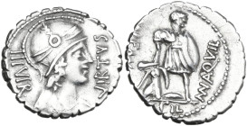 Mn. Aquillius Mn. f. Mn. n. AR Denarius serratus, 71 BC. Obv. VIRTVS-III·VIR. Helmeted and draped bust of Virtus right. Rev. MN·AQVIL-MN·F·MN·N (MN li...