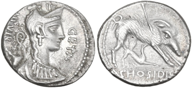 C. Hosidius C. f. Geta. AR Denarius, 68 BC. Obv. GETA-III·VIR. Diademed and drap...