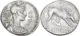 C. Hosidius C. f. Geta. AR Denarius, 68 BC. Obv. GETA-III·VIR. Diademed and draped bust of Diana right (smaller head), with bow and quiver over should...
