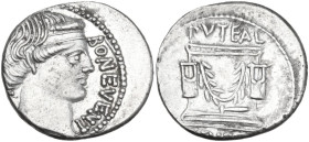 L. Scribonius Libo. AR Denarius, 62 BC. Obv. LIBO BON·EVENT. Diademed head of Bonus Eventus right. Rev. Puteal Scribonianum decorated with garland and...