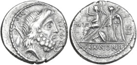 M. Nonius Sufenas. AR Denarius, 59 BC. Obv. Head of Saturn right; before, SVFENAS; behind, harpa, conical stone and S·C. Rev. Roma seated left on pile...
