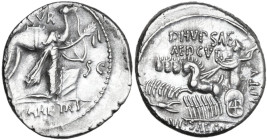 M. Aemilius Scaurus with Pub. Plautius Hypsaeus. AR Denarius, 58 BC. Obv. Camel right; before, King Aretas kneeling right, holding reins in left hand ...
