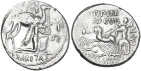M. Aemilius Scaurus with Pub. Plautius Hypsaeus. Denarius, 58 BC. Obv. Camel right; before, King Aretas kneeling right, holding reins in left hand and...