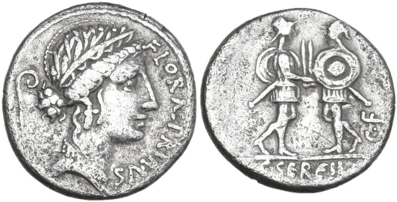 C. Servilius C.f. AR Denarius, 57 BC. Obv. Wreathed head of Flora right; behind,...