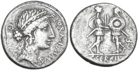 C. Servilius C.f. AR Denarius, 57 BC. Obv. Wreathed head of Flora right; behind, lituus; before, FLORAL·PRIMVS (MV ligate). Rev. Two soldiers facing e...