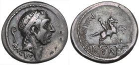 L. Marcius Philippus. AR Denarius, 56 BC. Obv. Diademed head of Ancus Marcius right; behind, lituus; below, ANCVS. Rev. PHILIPPVS. Equestrian statue r...